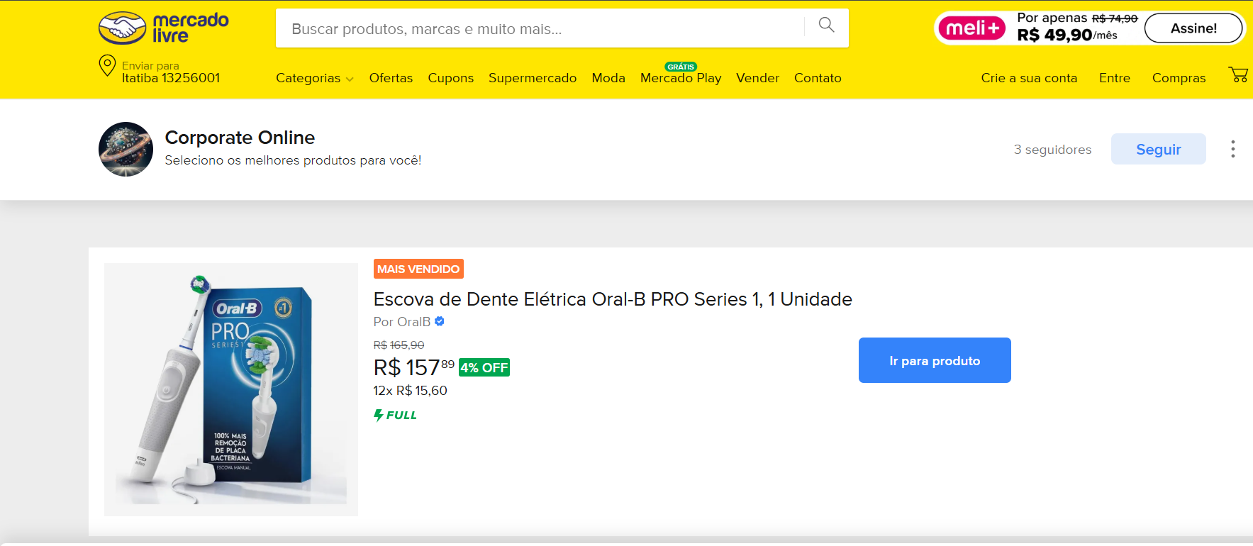 Exemplo de página do Mercado Livre com botão Ir para produto